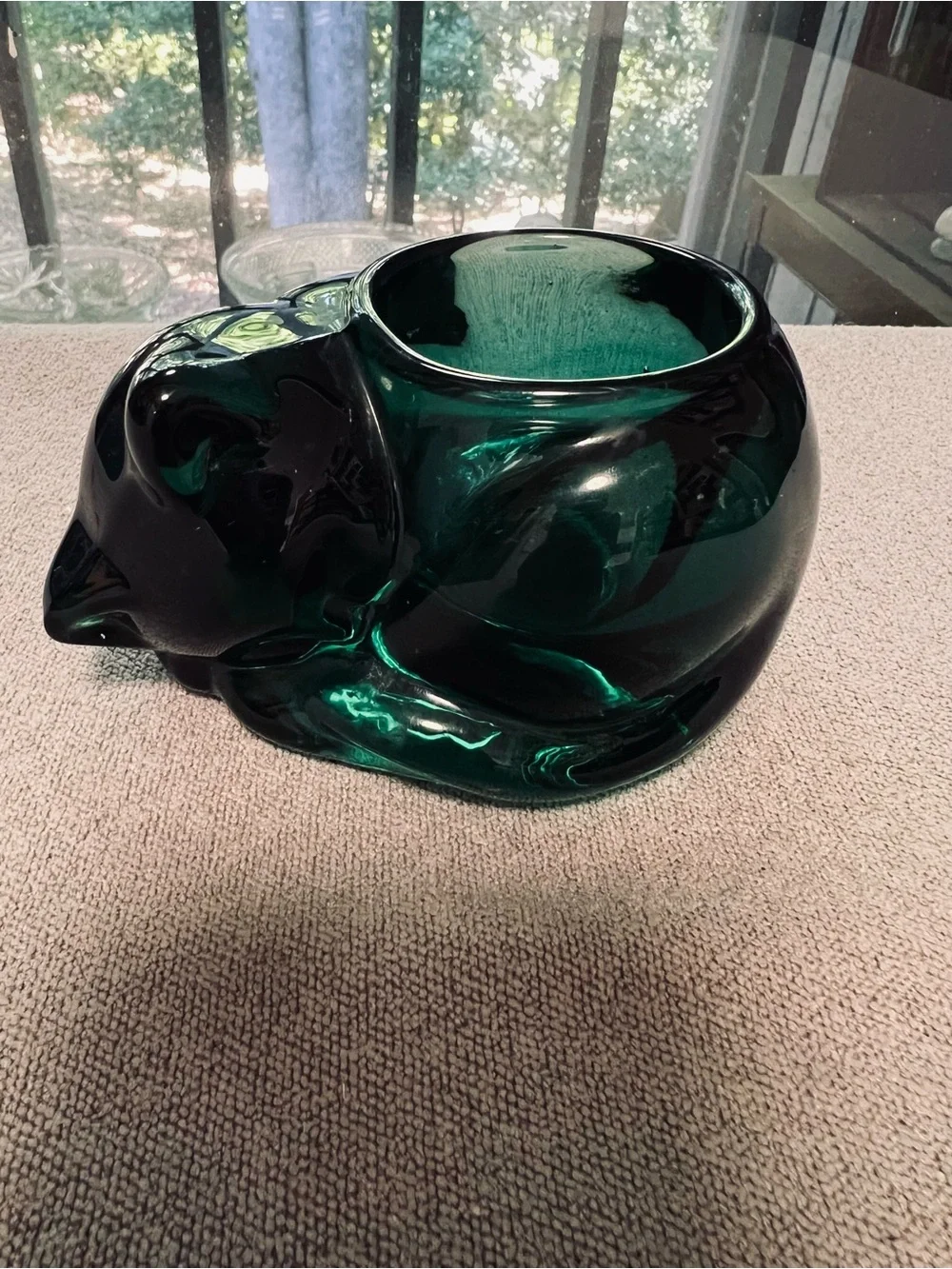 Indiana Glass VTG Emerald Green Sleeping Cat Votive Candle Holder Paperweight
